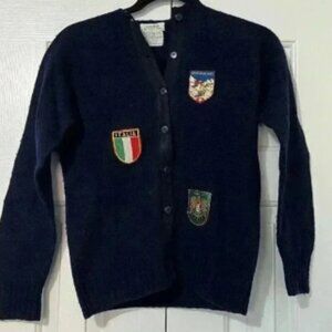 Rare VTG Shetland Wool Cardigan World Patches Navy Size Small Tweed & Tartan